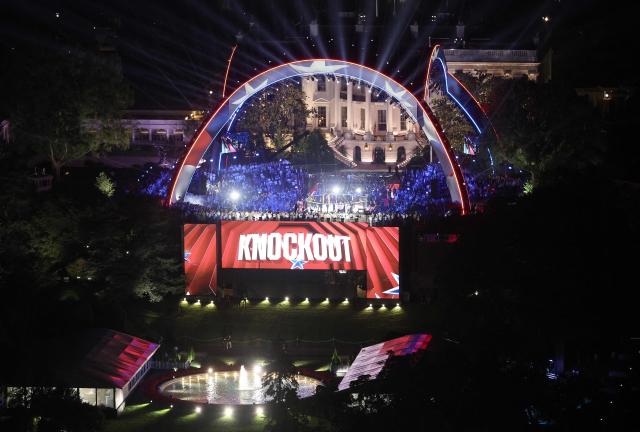 As seen from the Washington Momument,  America's Bo Nickal defeats America's Kyle Daukaus in a middleweight bout during UFC Freedom 250 on the South Lawn of the White House on June 14, 2026 in Washington, DC. (Photo by Win McNamee / POOL / AFP)