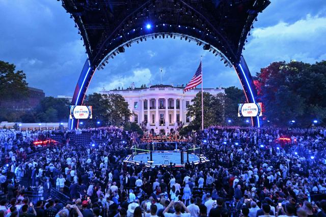 An overall view at the start of the "UFC Freedom 250" mixed martial arts event on the South Lawn of the White House in Washington, DC, June 14, 2026. (Photo by Kent NISHIMURA / POOL / AFP)