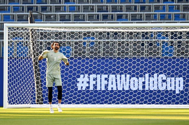 Iran's goalkeeper #01 Alireza Beiranvand takes part in a training session at Carson Sports Park in Carson, California on June 14, 2026, on the eve of the 2026 World Cup football match between Iran and New Zealand.  (Photo by Patrick T. Fallon / AFP)