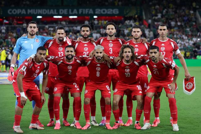 Tunisia's players pose for a picture ahead of the 2026 World Cup Group F football match between Sweden and Tunisia at the Monterrey Stadium in Guadalupe on June 14, 2026.  (Photo by Julio Cesar AGUILAR / AFP)
