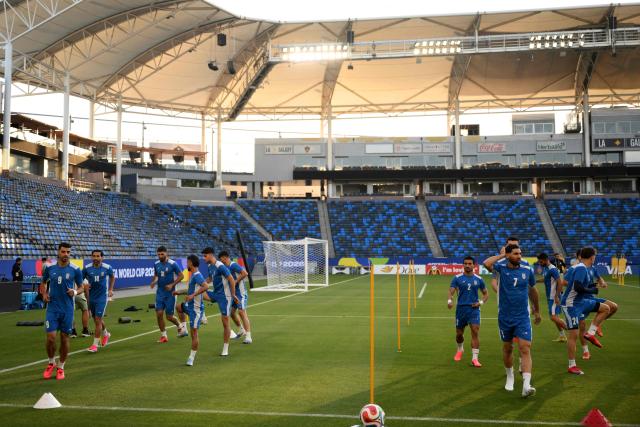Iran's players take part in a training session at Carson Sports Park in Carson, California on June 14, 2026, on the eve of the 2026 World Cup football match between Iran and New Zealand.  (Photo by Patrick T. Fallon / AFP)