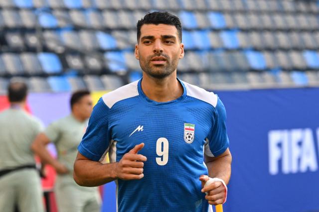 Iran's forward #09 Mehdi Taremi takes part in a training session at Carson Sports Park in Carson, California on June 14, 2026, on the eve of the 2026 World Cup football match between Iran and New Zealand.  (Photo by Patrick T. Fallon / AFP)