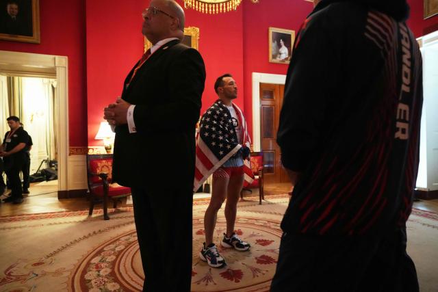 Brazil's mixed martial artist Mauricio Ruffy waits in the Red Room of the White House before his lightweight bout with America's mixed martial artist Michael Chandler during UFC Freedom 250 on the South Lawn of the White House, in Washington, DC, on June 14, 2026. (Photo by Jacquelyn Martin / POOL / AFP)