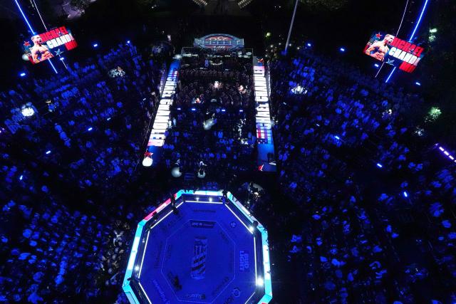 Lights are dimmed before Brazil's Mauricio Ruffy fights America's Michael Chandler during their lightweight bout at UFC Freedom 250 on the South Lawn of the White House, in Washington, DC, on June 14, 2026. (Photo by Alex Brandon / POOL / AFP)