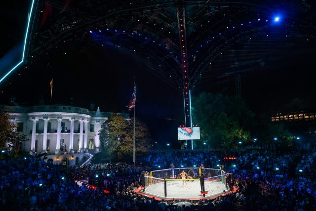 America's mixed martial artist Josh Hokit defeats America's mixed martial artist Derrick Lewis during their heavyweight bout at UFC Freedom 250 on the South Lawn of the White House in Washington, DC, on June 14, 2026. (Photo by Evan Vucci / POOL / AFP)