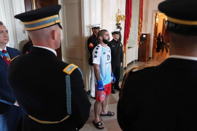 Canadian mixed martial artist Aiemann Zahabi walks through the White House before his bantamweight bout with America's mixed martial artist Sean O'Malley, during UFC Freedom 250 on the South Lawn of the White House, in Washington, DC, on June 14, 2026. (Photo by Jacquelyn Martin / POOL / AFP)