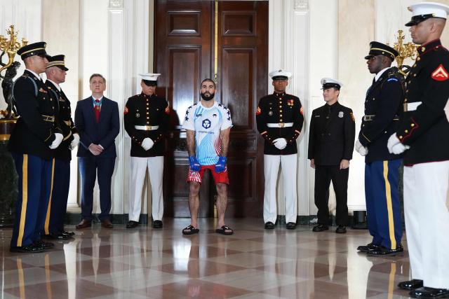 Canadian mixed martial artist Aiemann Zahabi walks through the White House before his bantamweight bout with America's mixed martial artist Sean O'Malley, during UFC Freedom 250 on the South Lawn of the White House, in Washington, DC, on June 14, 2026. (Photo by Jacquelyn Martin / POOL / AFP)
