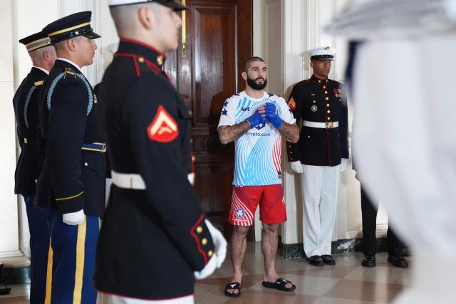 Canadian mixed martial artist Aiemann Zahabi walks through the White House before his bantamweight bout with America's mixed martial artist Sean O'Malley, during UFC Freedom 250 on the South Lawn of the White House, in Washington, DC, on June 14, 2026. (Photo by Jacquelyn Martin / POOL / AFP)