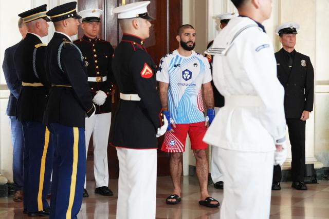 Canadian mixed martial artist Aiemann Zahabi walks through the White House before his bantamweight bout with America's mixed martial artist Sean O'Malley, during UFC Freedom 250 on the South Lawn of the White House, in Washington, DC, on June 14, 2026. (Photo by Jacquelyn Martin / POOL / AFP)