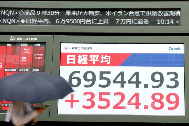 An electronic quotation board displays the Nikkei Stock Average on the Tokyo Stock Exchange in Tokyo on June 15, 2026. (Photo by Kazuhiro NOGI / AFP)