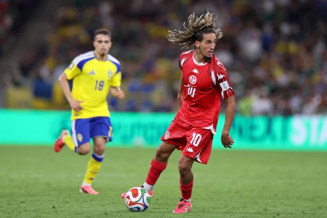 Tunisia's midfielder #10 Hannibal Mejbri controls the ball during the 2026 World Cup Group F football match between Sweden and Tunisia at the Monterrey Stadium in Guadalupe on June 14, 2026.  (Photo by Julio Cesar AGUILAR / AFP)