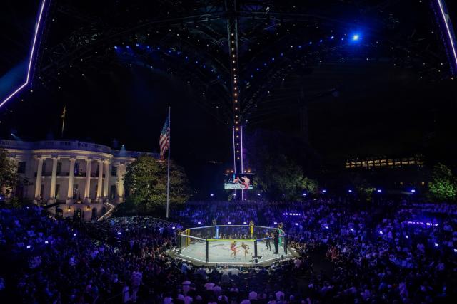 America's mixed martial artist Sean O'Malley fights Canada's mixed martial artist Aiemann Zahabi during their bantamweight bout at UFC Freedom 250 on the South Lawn of the White House in Washington, DC, on June 14, 2026. (Photo by Evan Vucci / POOL / AFP)