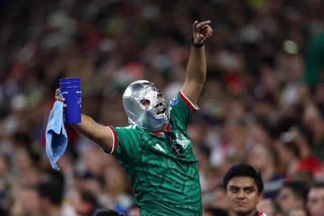 A mexican fan gestrues during the 2026 World Cup Group F football match between Sweden and Tunisia at the Monterrey Stadium in Guadalupe on June 14, 2026.  (Photo by Julio Cesar AGUILAR / AFP)