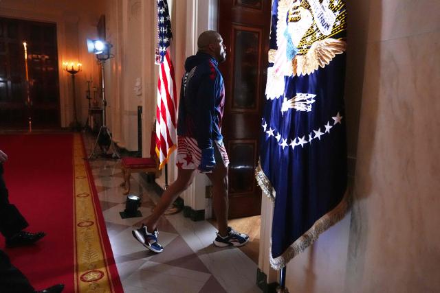 France's mixed martial artist Ciryl Gane walks through the White House before his heavyweight interim title bout with Brazil's mixed martial artist Alex Pereira, during UFC Freedom 250 on the South Lawn of the White House, in Washington, DC, on June 14, 2026. (Photo by Jacquelyn Martin / POOL / AFP)