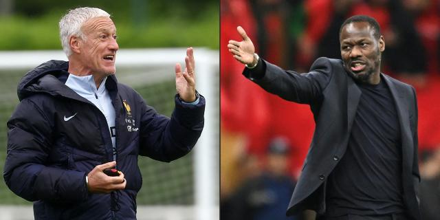 This combination of pictures created on June 14, 2026 shows
France's head coach Didier Deschamps gestures during a training session as part of the team's preparation for upcoming UEFA Euro 2024 European football Championship in Clairefontaine-en-Yvelines on May 31, 2024, and Senegal's head coach Pape Thiaw reacts during the Africa Cup of Nations (CAN) final football match between Senegal and Morocco at the Prince Moulay Abdellah Stadium in Rabat on January 18, 2026.. France and Senegal will meet in a 2026 World Cup Group I football match at the New York/New Jersey Stadium in East Rutherford on June 16, 2026. (Photo by FRANCK FIFE and SEBASTIEN BOZON / AFP)