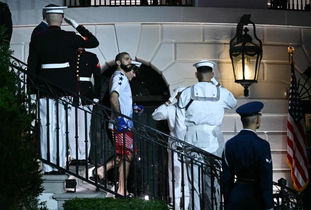 Canada's Aiemann Zahabi arrives for his bantamweight bout against America's Sean O'Malley during the "UFC Freedom 250" mixed martial arts event on the South Lawn of the White House in Washington, DC, June 14, 2026. (Photo by Brendan SMIALOWSKI / AFP)
