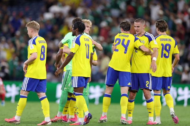 Sweden's players celebrate after winning the 2026 World Cup Group F football match between Sweden and Tunisia at the Monterrey Stadium in Guadalupe on June 14, 2026.  (Photo by Julio Cesar AGUILAR / AFP)