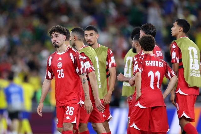 Tunisia's forward #26 Sebastian Tounekti reacts after losing the 2026 World Cup Group F football match between Sweden and Tunisia at the Monterrey Stadium in Guadalupe on June 14, 2026.  (Photo by Julio Cesar AGUILAR / AFP)