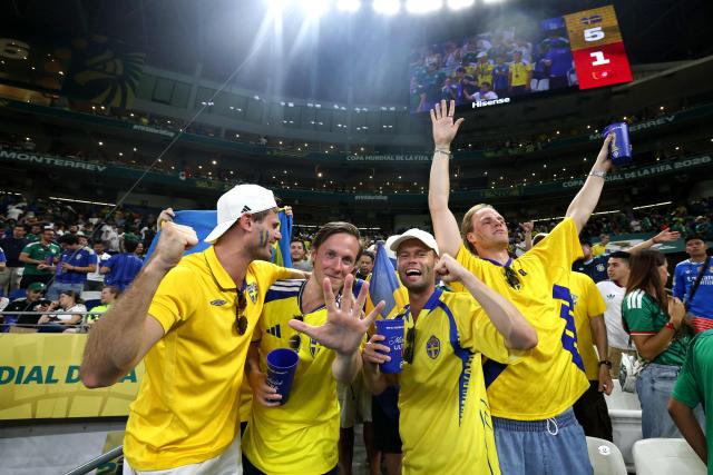 Sweden's fans celebrate after their team won the 2026 World Cup Group F football match between Sweden and Tunisia at the Monterrey Stadium in Guadalupe on June 14, 2026.  (Photo by Julio Cesar AGUILAR / AFP)