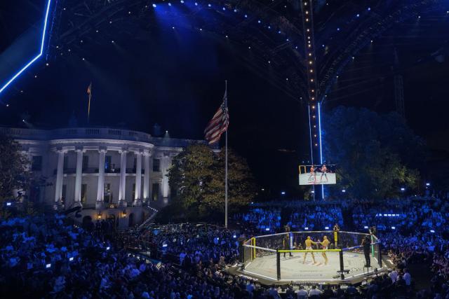 Brazil's mixed martial artist Alex Pereira fights France's mixed martial artist Ciryl Gane during their interim heavyweight championship bout at UFC Freedom 250 on the South Lawn of the White House in Washington, DC, on June 14, 2026. (Photo by Evan Vucci / POOL / AFP)