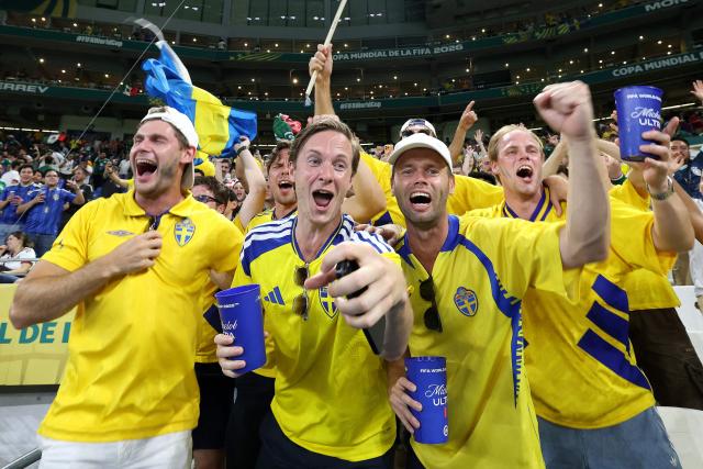 Sweden's fans celebrate after their team won the 2026 World Cup Group F football match between Sweden and Tunisia at the Monterrey Stadium in Guadalupe on June 14, 2026.  (Photo by Julio Cesar AGUILAR / AFP)