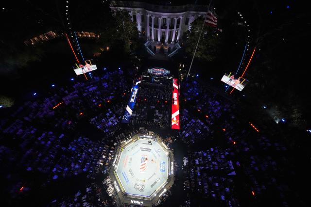 Georgia-Spain's mixed martial artist Ilia Toupruia fights America's mixed martial artist Justin Gaethje during their lightweight title bout during UFC Freedom 250 on the South Lawn of the White House, in Washington, DC, on June 15, 2026. (Photo by Alex Brandon / POOL / AFP)