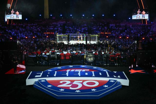A view of the lightweight title bout between Georgia's Ilia Topuria and America's Justin Gaethje during the "UFC Freedom 250" mixed martial arts event on the South Lawn of the White House in Washington, DC, in the early morning hours of June 15, 2026. (Photo by SAUL LOEB / POOL / AFP)