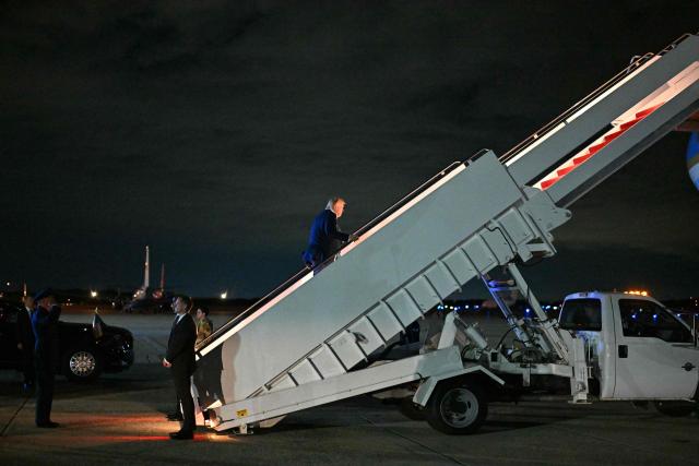 Guest US President Donald Trump boards Air Force One before departing Joint Base Andrews in Maryland to fly to Evian-les-Bains, France, for the G7 summit on June 15, 2026. Trump is heading to Evian, France to attend the G7 Summit. Allies from the G7 group of leading powers will seek common ground with US President at a summit in France that gets underway hours after the US and Iran agreed a deal to end the Middle East war. (Photo by Mandel NGAN / AFP)