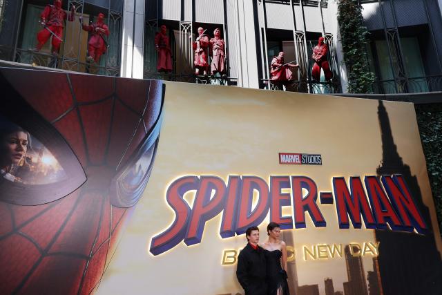 US actress Zendaya and British actor Tom Holland pose during a photocall for « Spider-Man: brand new day »  movie in a hotel in Madrid on June 15, 2026. (Photo by Thomas COEX / AFP)