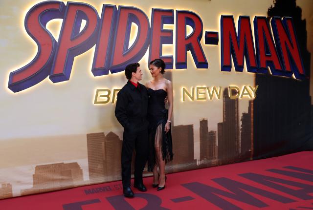 US actress Zendaya and British actor Tom Holland pose during a photocall for « Spider-Man: brand new day »  movie in a hotel in Madrid on June 15, 2026. (Photo by Thomas COEX / AFP)