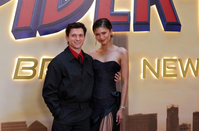 US actress Zendaya and British actor Tom Holland pose during a photocall for « Spider-Man: brand new day »  movie in a hotel in Madrid on June 15, 2026. (Photo by Thomas COEX / AFP)