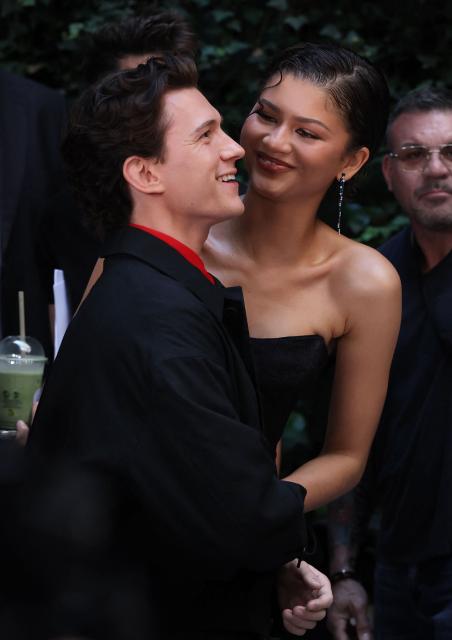 US actress Zendaya and British actor Tom Holland react during a photocall for « Spider-Man: brand new day »  movie in a hotel in Madrid on June 15, 2026. (Photo by Thomas COEX / AFP)