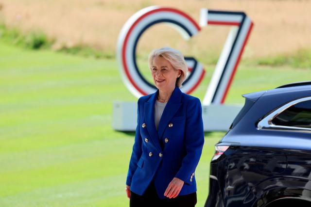 European Commission President Ursula van der Leyen arrives to the Hotel Royal ahead of the start of the G7 summit, in Evian, eastern France, on June 15, 2026. A G7 summit is set to take place June 15 to 17 in the French town of Evian-les-Bains near Switzerland and it will be attended by country leaders as well as the EU's foreign policy chief and ministers from Brazil, Canada, the United Arab Emirates and Turkey. (Photo by Ludovic MARIN / AFP)