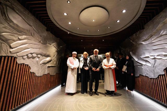 Germany's President Frank-Walter Steinmeier (2nd R) and First Lady Elke Buedenbender (2nd L) pose with Indonesia's Religious Affairs Minister and Grand Imam of Istiqlal Mosque Nasaruddin Umar (L) and Cardinal Ignatius Suharyo Hardjoatmodjo, the Archbishop of Jakarta, inside the Tunnel of Friendship, an underground passage linking Istiqlal Mosque and Jakarta Cathedral, in Jakarta on June 15, 2026. (Photo by Yasuyoshi Chiba / AFP)