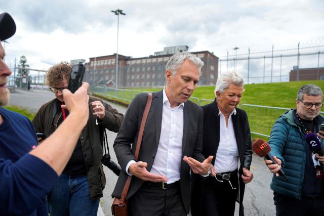 Ellen Holager Andenaes (2ndR) and Petar Sekulic (C), defence lawyers of the Norwegian Crown Princess Mette-Marit's son Marius Borg Hoiby, speak to journalists upon leaving Ila Detention and Security Prison where Hoiby is being held in custody, in Eiksmarka, Baerum municipality, outside Oslo on June 15, 2026. An Oslo court on June 15 sentenced Marius Borg Hoiby to four years in prison on two counts of rape and 32 other offences, in a high-profile scandal that has rocked the monarchy. Hoiby, 29, Mette-Marit's son from a relationship prior to her 2001 marriage to Crown Prince Haakon, was accused of 40 charges, from rape to traffic violations, carrying a maximum possible sentence of 16 years in prison. (Photo by Javad Parsa / NTB / AFP) / Norway OUT