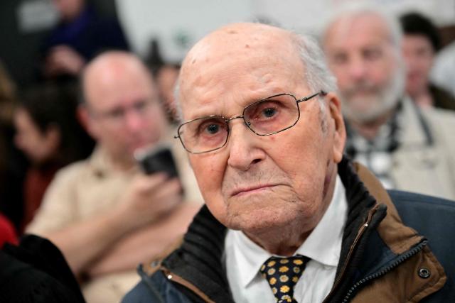 (FILES) Plaintiff Albert Corrieri, 102, sits moments before the start of a hearing before the court in his trial against French state demanding compensation of the hours he worked in Nazi Germany during World War II as part of the STO Compulsory Labour Service, in Marseille on February 25, 2025. At the age of 104, Albert Corrieri announced on June 15, 2026 that he was taking his case to the European Court of Human Rights (ECHR) to seek “payment for the hours he worked” in Germany during his years of forced labour in the Second World War. He is claiming Ђ43,200, or Ђ10 per hour, for the period he worked, notably in a chemical factory in Ludwigshafen from 13 March 1943 to 15 April 1945. (Photo by Miguel MEDINA / AFP)