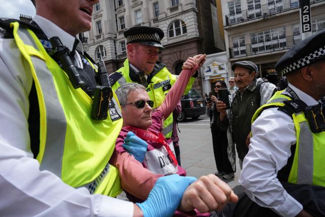 Police remove protesters from outside the Royal Courts Of Justice in central London on June 15, 2026, as the High Court ruled on a legal standoff between the government and activist group Palestine Action. London's Court of Appeal on June 15 upheld a government ban on the Palestine Action activist group imposed under terrorism legislation, following a legal challenge. (Photo by CARLOS JASSO / AFP)
