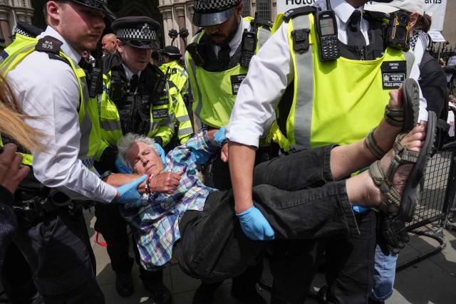 Police remove protesters from outside the Royal Courts Of Justice in central London on June 15, 2026, as the High Court ruled on a legal standoff between the government and activist group Palestine Action. London's Court of Appeal on June 15 upheld a government ban on the Palestine Action activist group imposed under terrorism legislation, following a legal challenge. (Photo by CARLOS JASSO / AFP)