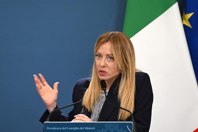 Italy's Prime Minister, Giorgia Meloni speaks during a press conference with Japan's Prime Minister following a meeting at Villa Doria Pamphili in Rome on June 15, 2026. (Photo by Andreas SOLARO / AFP)