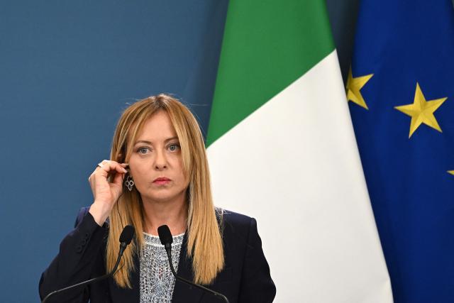 Italy's Prime Minister, Giorgia Meloni gestures as she attends a press conference with Japan's Prime Minister following a meeting at Villa Doria Pamphili in Rome on June 15, 2026. (Photo by Andreas SOLARO / AFP)