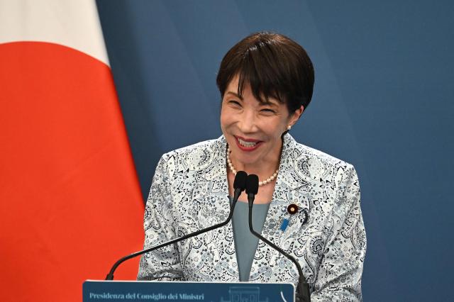 Japan's Prime Minister Sanae Takaichi speaks during a press conference with taly's Prime Minister following a meeting at Villa Doria Pamphili in Rome on June 15, 2026. (Photo by Andreas SOLARO / AFP)
