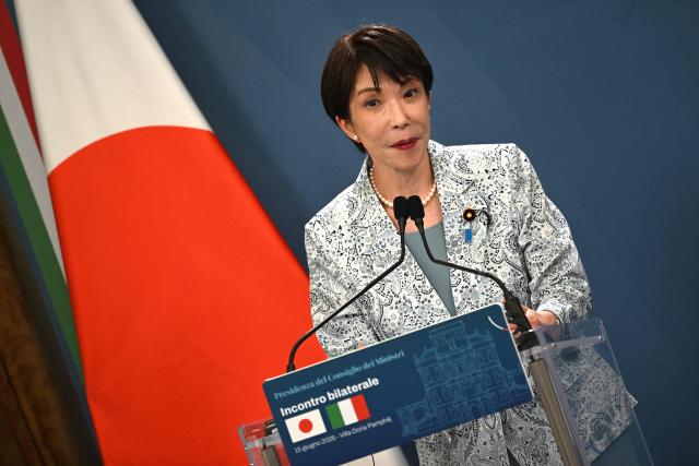 Japan's Prime Minister Sanae Takaichi speaks during a press conference with taly's Prime Minister following a meeting at Villa Doria Pamphili in Rome on June 15, 2026. (Photo by Andreas SOLARO / AFP)