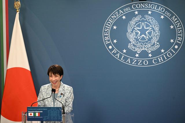 Japan's Prime Minister Sanae Takaichi speaks during a press conference with Italy's Prime Minister following a meeting at Villa Doria Pamphili in Rome on June 15, 2026. (Photo by Andreas SOLARO / AFP)