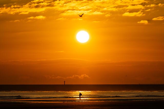 A fisherman stands as the sun rises over the beach of Gravelines, northern France, on June 15, 2026. (Photo by Sameer Al-DOUMY / AFP)