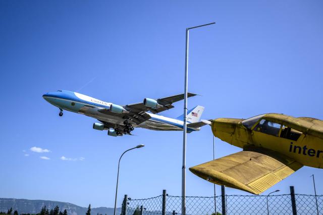 Air Force One carrying US President Donald Trump lands at the Geneva Airport ahead of the G7 summit, in Geneva on June 15, 2026. A G7 summit is set to take place June 15 to 17 in the French town of Evian-les-Bains near Switzerland and it will be attended by country leaders as well as the EU's foreign policy chief and ministers from Brazil, Canada, the United Arab Emirates and Turkey. (Photo by Fabrice COFFRINI / AFP)