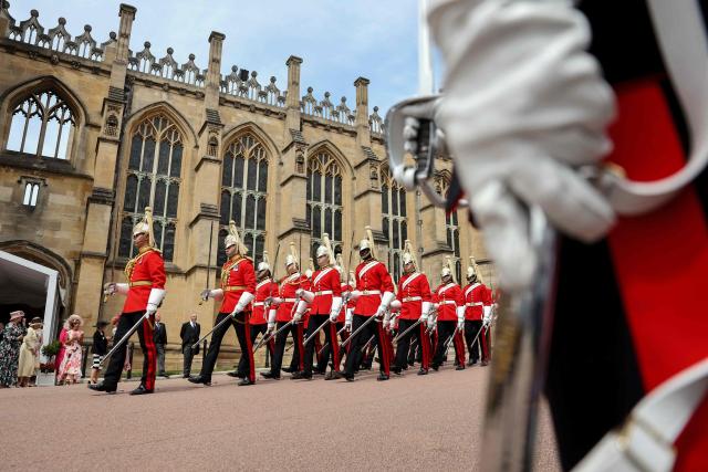 The Life Guards, part of the Household Cavalry attend the annual Order of the Garter service at St. George's Chapel in Windsor Castle, west of London, on June 15, 2026. The Order of the Garter is the oldest and most senior Order of Chivalry in Britain, established by King Edward III nearly 700 years ago. (Photo by Chris Jackson / POOL / AFP)