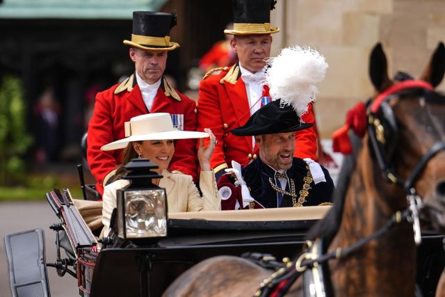 Britain's Prince William, Prince of Wales (front R) and Catherine, Princess of Wales (front L) depart after attending the annual Order of the Garter service at St. George's Chapel in Windsor Castle, west of London, on June 15, 2026. The Order of the Garter is the oldest and most senior Order of Chivalry in Britain, established by King Edward III nearly 700 years ago. (Photo by Jordan Pettitt / POOL / AFP)