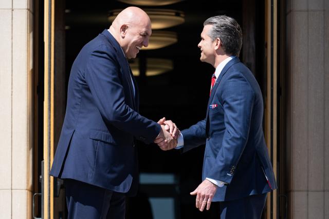 US Secretary of Defense Pete Hegseth shakes hands with Italian Defense Minister Guido Crosetto (L) during an honor cordon welcoming ceremony at the Pentagon in Washington, DC on June 15, 2026. (Photo by SAUL LOEB / AFP)