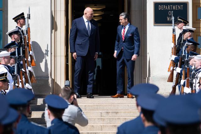 US Secretary of Defense Pete Hegseth greets Italian Defense Minister Guido Crosetto (L), during an honor cordon welcoming ceremony at the Pentagon in Washington, DC on June 15, 2026. (Photo by SAUL LOEB / AFP)