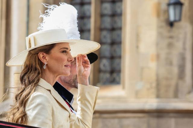 Britain's Catherine, Princess of Wales (front L) departs after attending the annual Order of the Garter service at St. George's Chapel in Windsor Castle, west of London, on June 15, 2026. The Order of the Garter is the oldest and most senior Order of Chivalry in Britain, established by King Edward III nearly 700 years ago. (Photo by Chris Jackson / POOL / AFP)